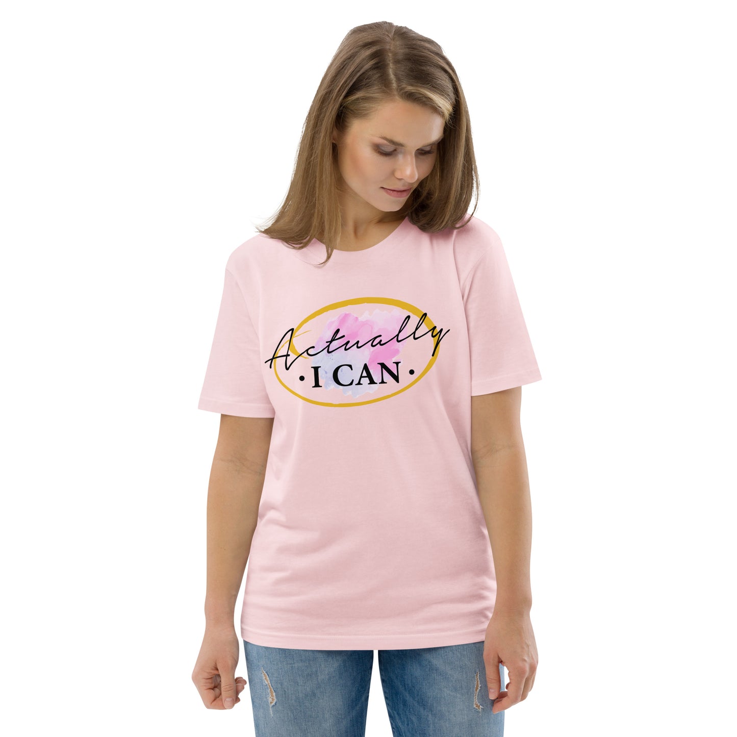 T-shirt unisexe en coton biologique avec message motivant "Actually, I Can"