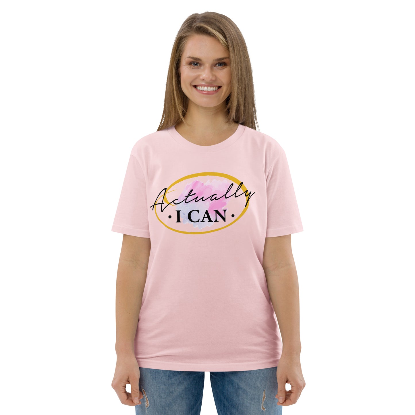 T-shirt unisexe en coton biologique avec message motivant "Actually, I Can"