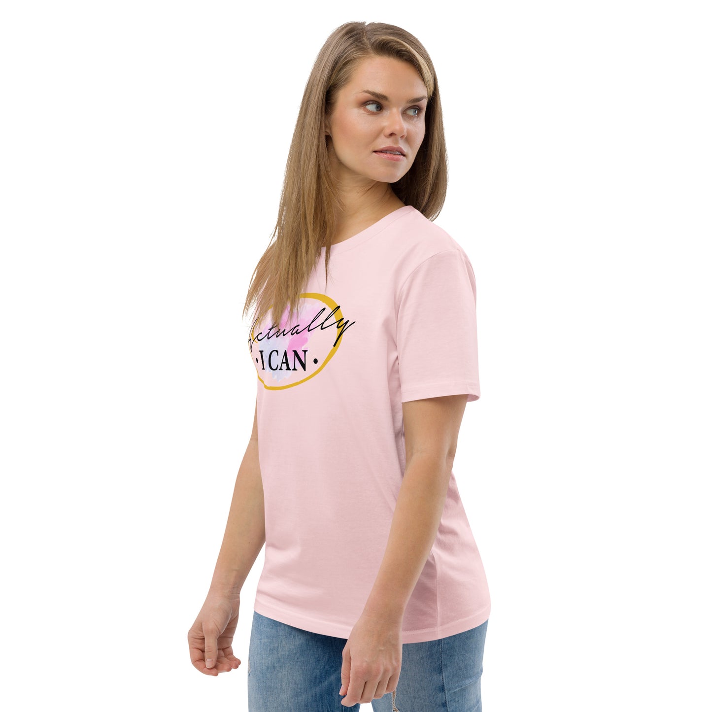 T-shirt unisexe en coton biologique avec message motivant "Actually, I Can"