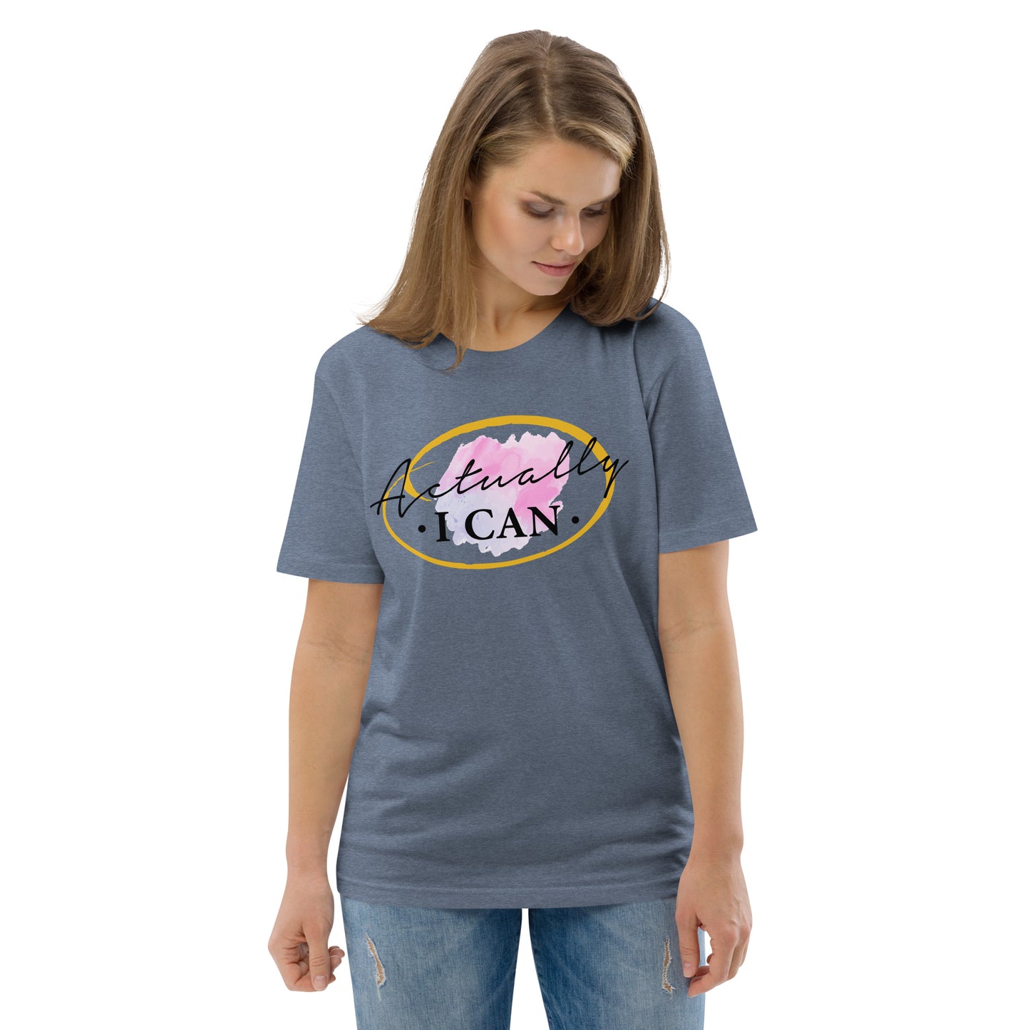 T-shirt unisexe en coton biologique avec message motivant "Actually, I Can"