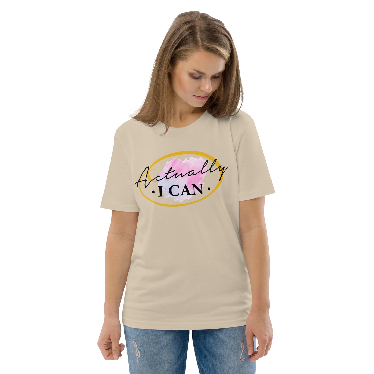 T-shirt unisexe en coton biologique avec message motivant "Actually, I Can"