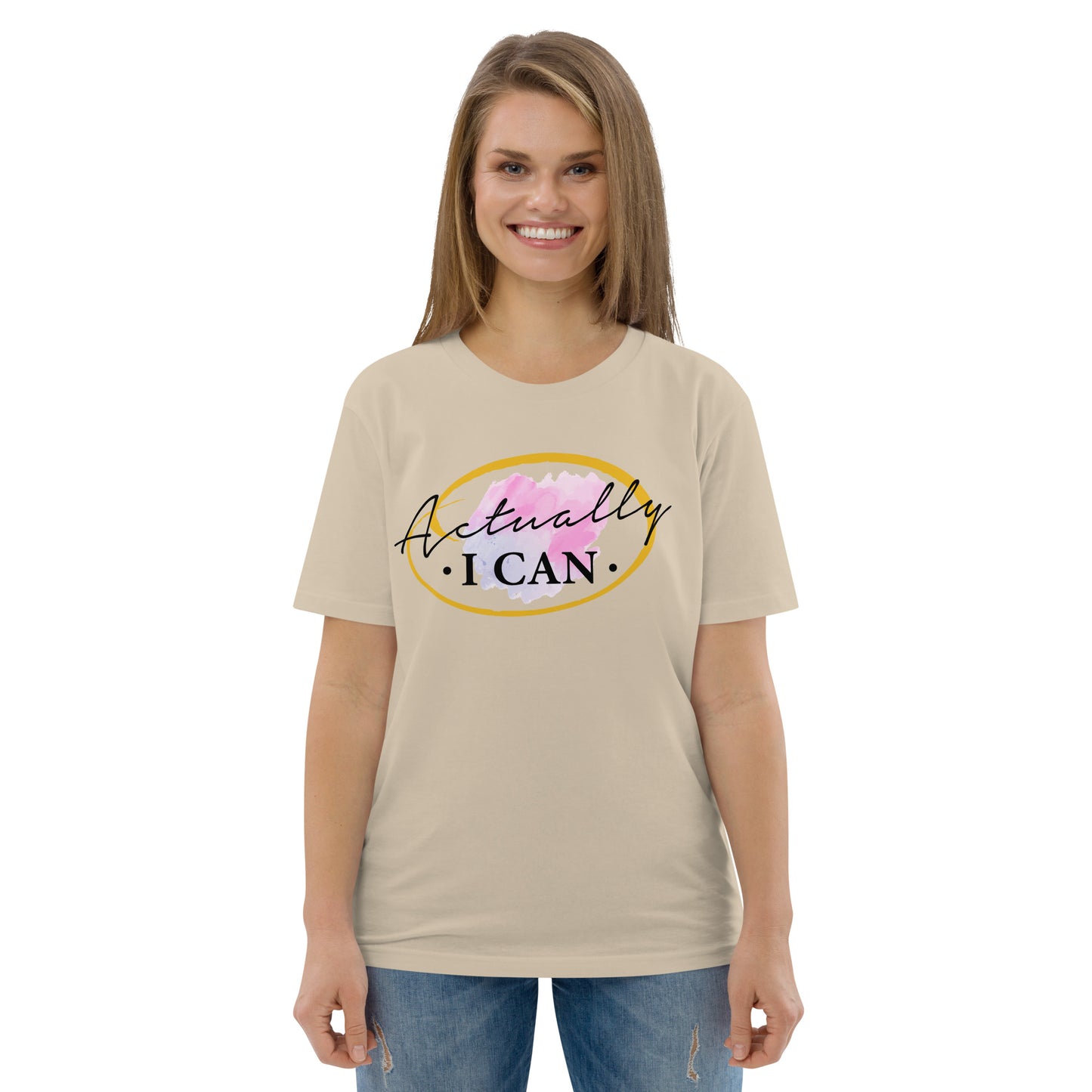 T-shirt unisexe en coton biologique avec message motivant "Actually, I Can"