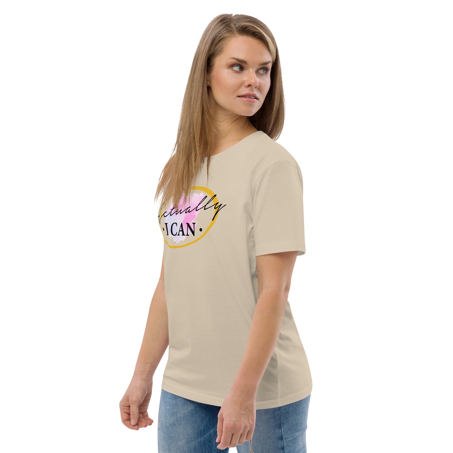 T-shirt unisexe en coton biologique avec message motivant "Actually, I Can"
