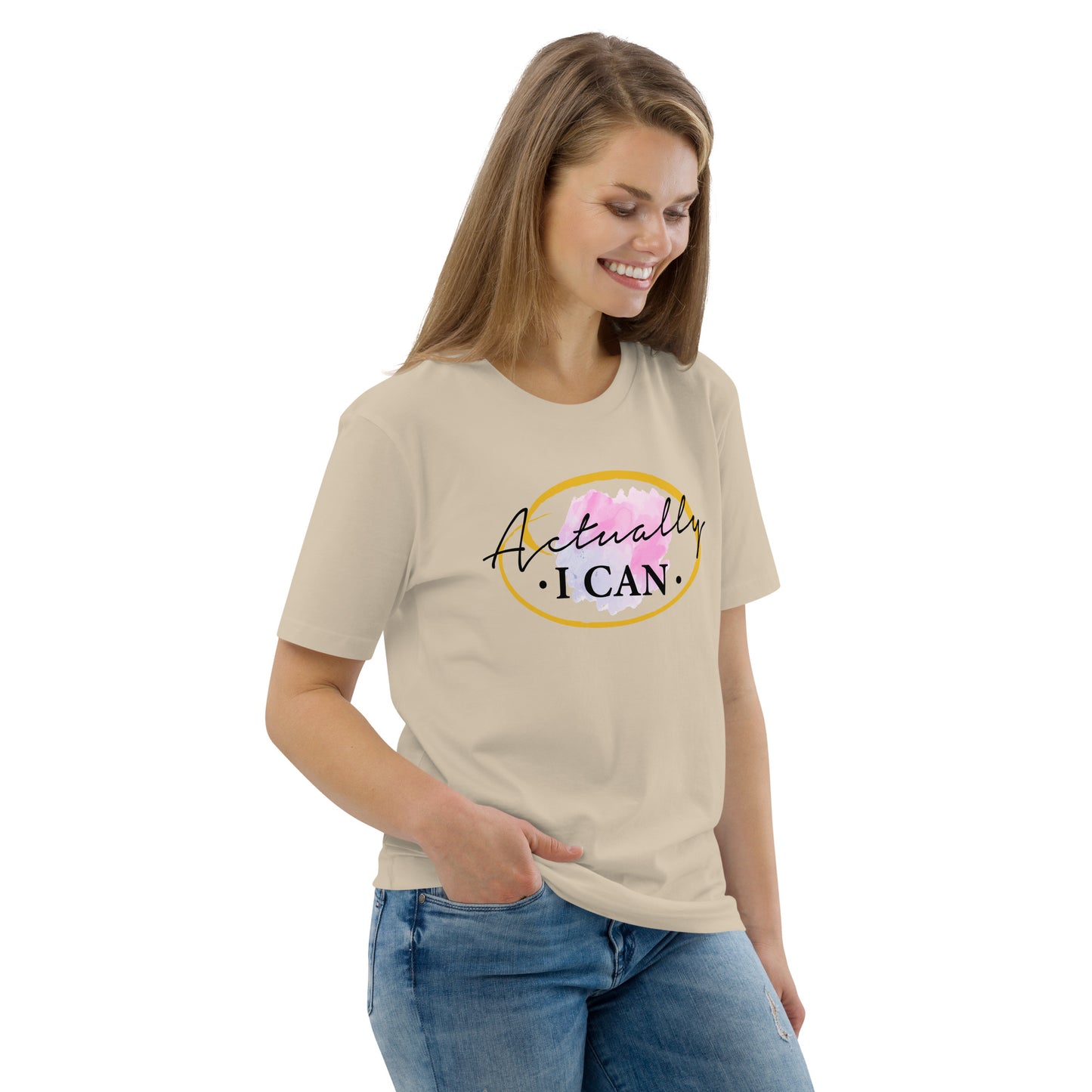 T-shirt unisexe en coton biologique avec message motivant "Actually, I Can"