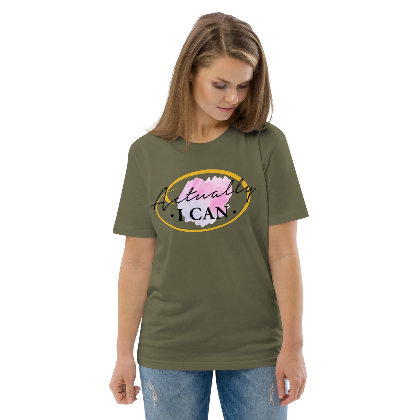 T-shirt unisexe en coton biologique avec message motivant "Actually, I Can"