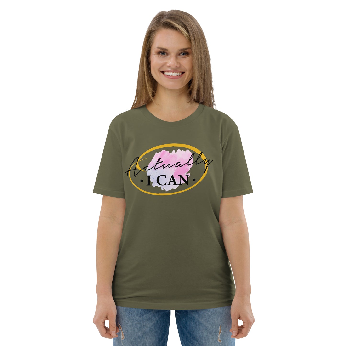 T-shirt unisexe en coton biologique avec message motivant "Actually, I Can"