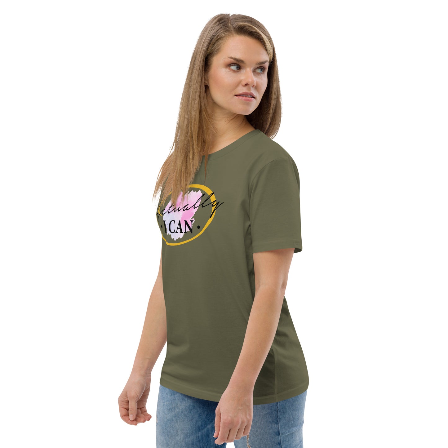 T-shirt unisexe en coton biologique avec message motivant "Actually, I Can"