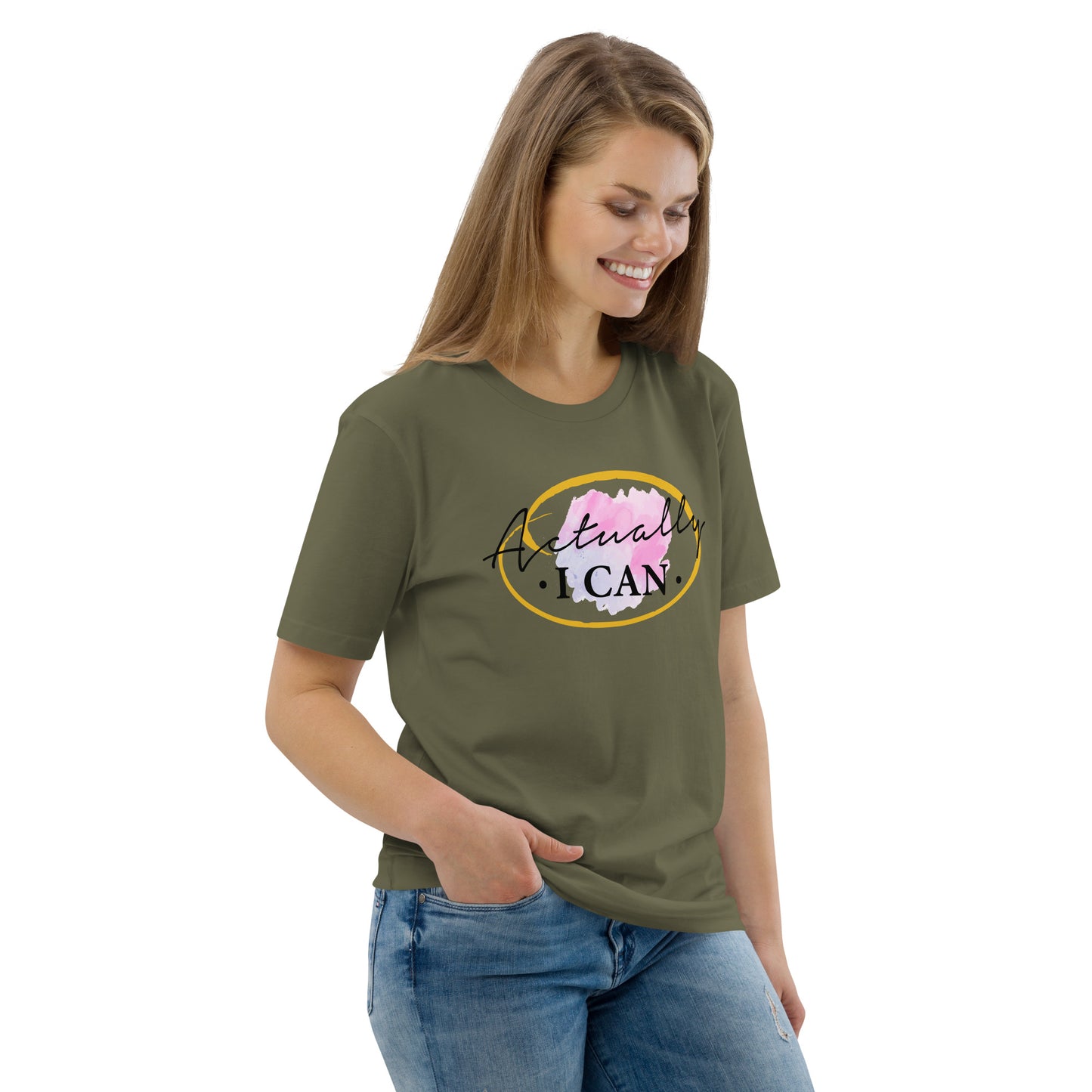 T-shirt unisexe en coton biologique avec message motivant "Actually, I Can"