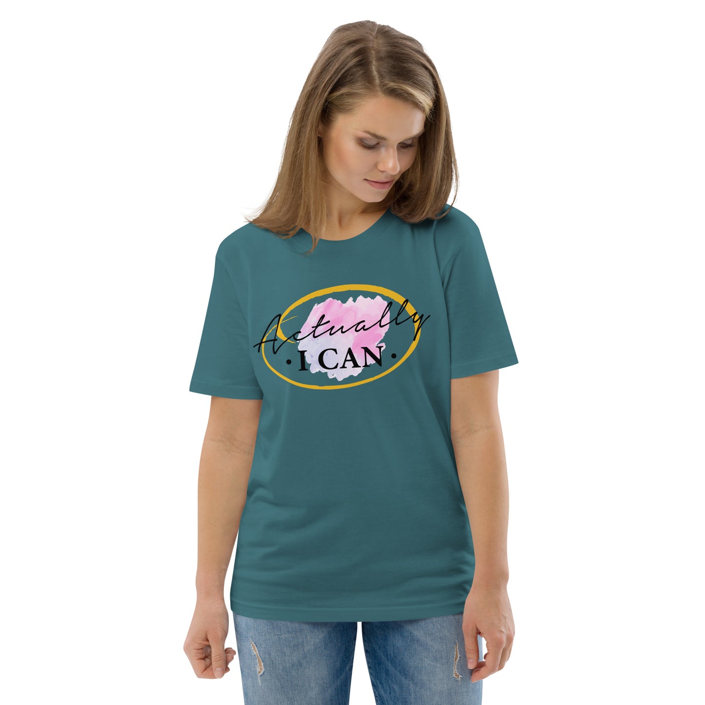 T-shirt unisexe en coton biologique avec message motivant "Actually, I Can"