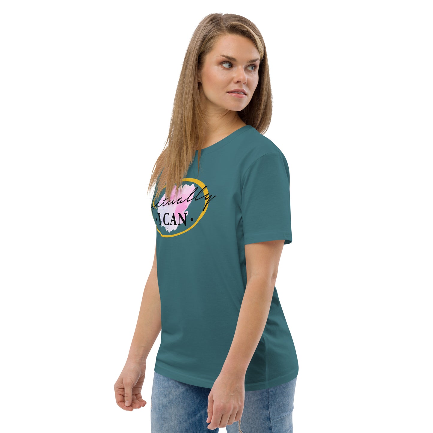 T-shirt unisexe en coton biologique avec message motivant "Actually, I Can"