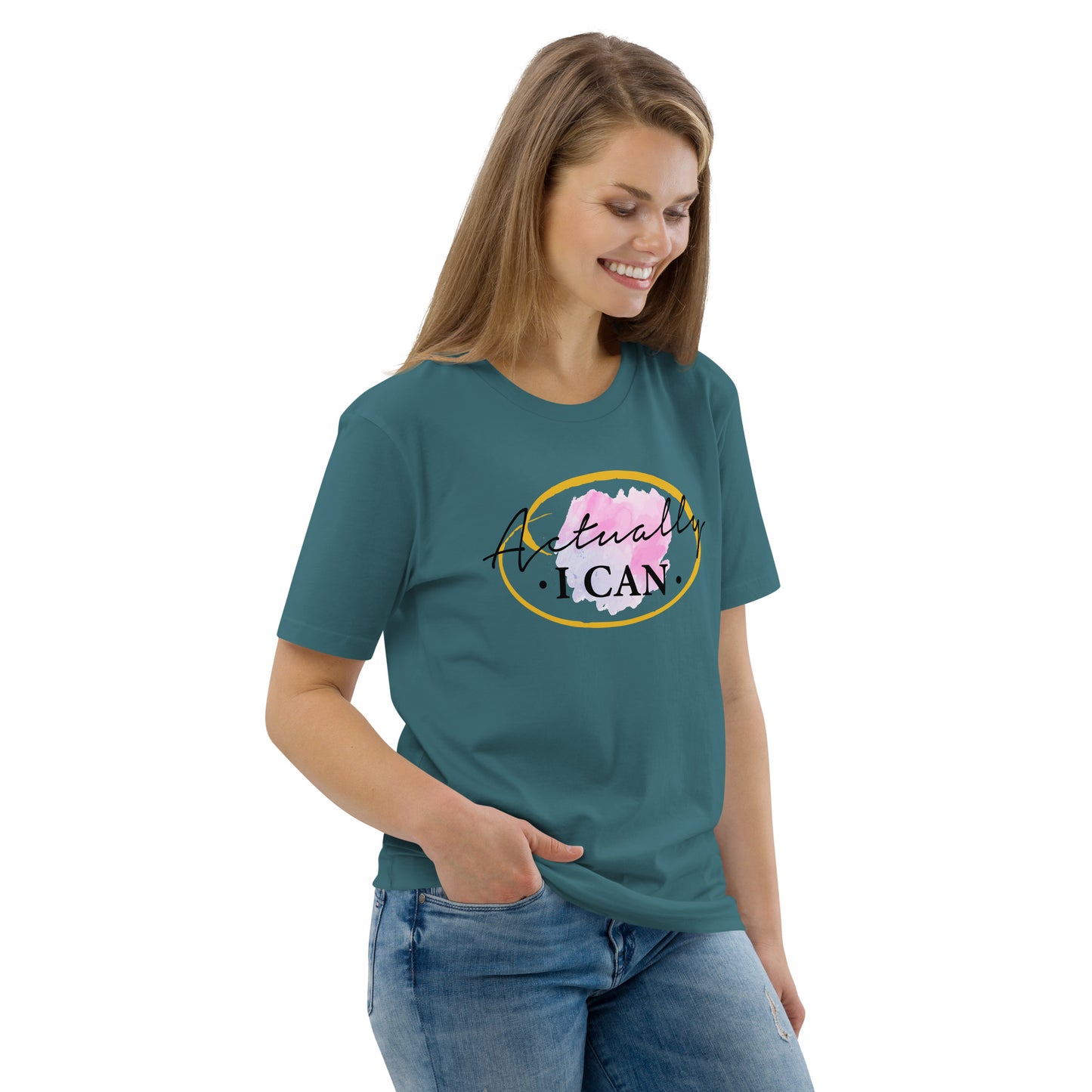 T-shirt unisexe en coton biologique avec message motivant "Actually, I Can"